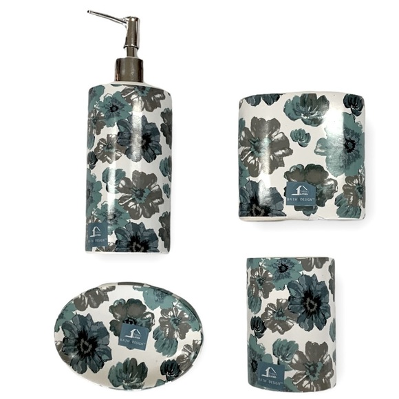 Floral Bath  Accessory Ceramic Set Sun Splash Collection White Blue 4 Piece Set - Picture 4 of 9